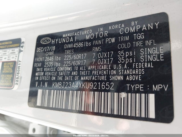 Aukcja sprzedaży 2019 Hyundai Tucson Se, vin: KM8J23A4XKU921652, numer aukcji: 44676398