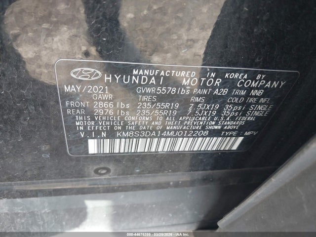 Aukcja sprzedaży 2021 Hyundai Santa Fe Hybrid Sel Premium, vin: KM8S3DA14MU012208, numer aukcji: 44676399