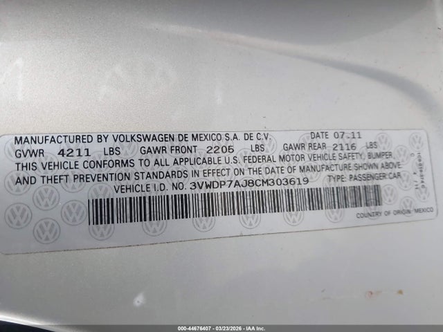 Aukcja sprzedaży 2012 Volkswagen Jetta 2.5l Se, vin: 3VWDP7AJ8CM303619, numer aukcji: 44676407