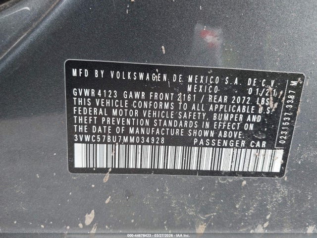 Продаж на аукціоні авто 2021 Volkswagen Jetta 1.4t R-line/1.4t S/1.4t Se, vin: 3VWC57BU7MM034928, номер лоту: 44676423