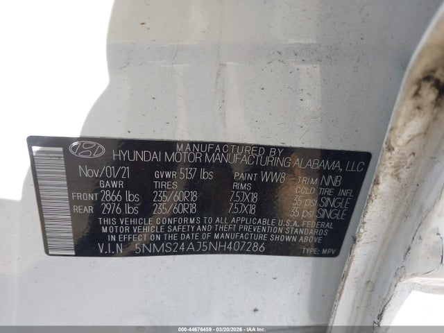 Aukcja sprzedaży 2022 Hyundai Santa Fe Sel, vin: 5NMS24AJ5NH407286, numer aukcji: 44676459