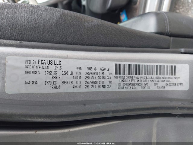 44676463 :رقم المزاد ، 1C4RDHAG8HC748334 vin ، 2017 Dodge Durango Sxt Rwd مزاد بيع
