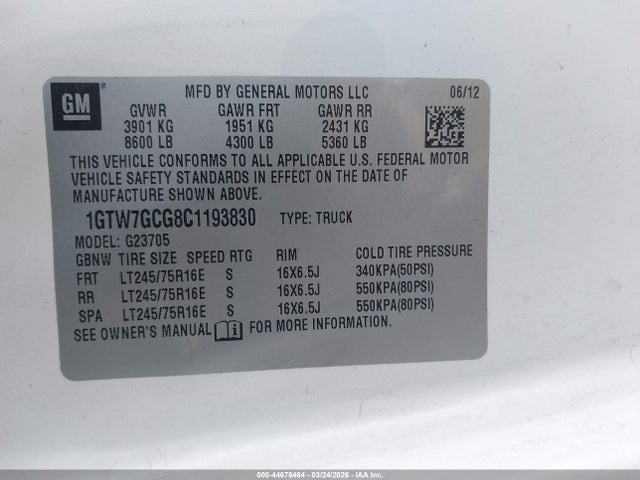 Продажа на аукционе авто 2012 Gmc Savana 2500 Work Van, vin: 1GTW7GCG8C1193830, номер лота: 44676464