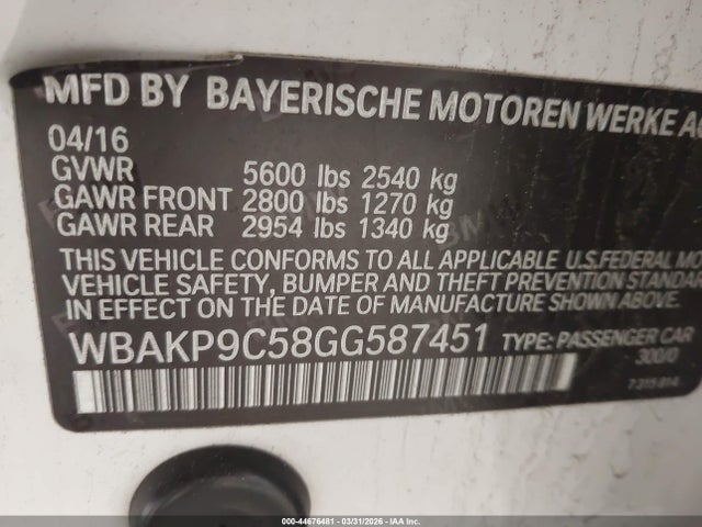 44676481 :رقم المزاد ، WBAKP9C58GG587451 vin ، 2016 Bmw 550i Xdrive مزاد بيع