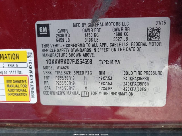 Aukcja sprzedaży 2015 Gmc Acadia Slt-1, vin: 1GKKVRKD7FJ254598, numer aukcji: 44676485