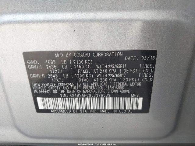 Продаж на аукціоні авто 2018 Subaru Outback 2.5i Premium, vin: 4S4BSAFC9J3376539, номер лоту: 44676499