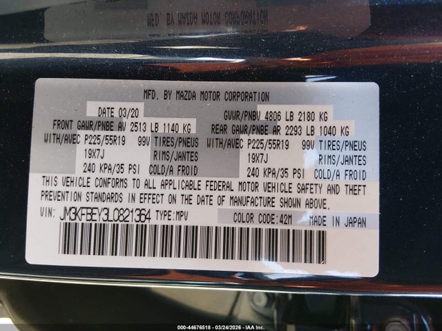 44676518 :رقم المزاد ، JM3KFBEY3L0821364 vin ، 2020 Mazda Cx-5 Signature مزاد بيع