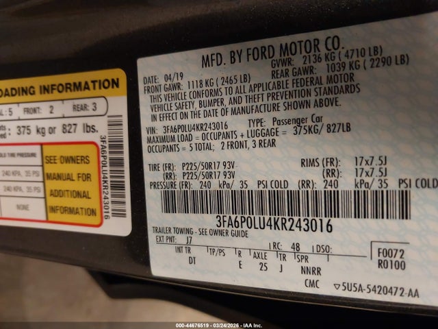 2019 Ford Fusion Hybrid Se მანქანა იყიდება აუქციონზე, vin: 3FA6P0LU4KR243016, აუქციონის ნომერი: 44676519