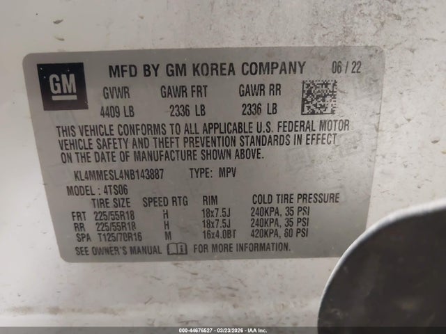 2022 Buick Encore Gx Awd Select მანქანა იყიდება აუქციონზე, vin: KL4MMESL4NB143887, აუქციონის ნომერი: 44676527