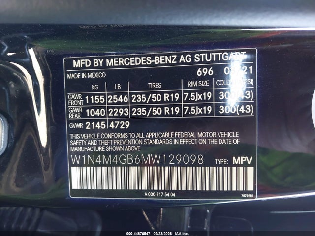 Aukcja sprzedaży 2021 Mercedes-benz Glb 250, vin: W1N4M4GB6MW129098, numer aukcji: 44676547