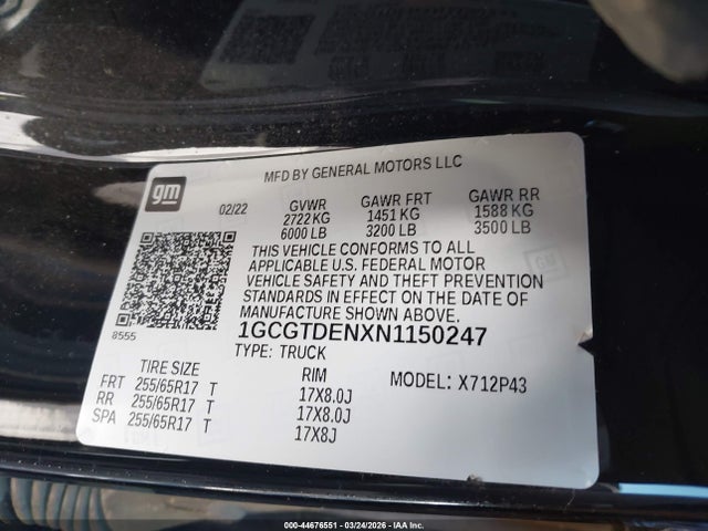 44676551 :رقم المزاد ، 1GCGTDENXN1150247 vin ، 2022 Chevrolet Colorado 4wd  Short Box Z71 مزاد بيع