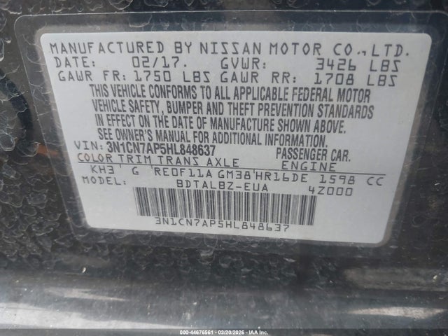 3N1CN7AP5HL848637 Nissan Versa 1.6 Sv