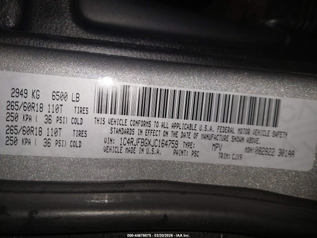 Aukcja sprzedaży 2018 Jeep Grand Cherokee Limited 4x4, vin: 1C4RJFBGXJC164759, numer aukcji: 44676575