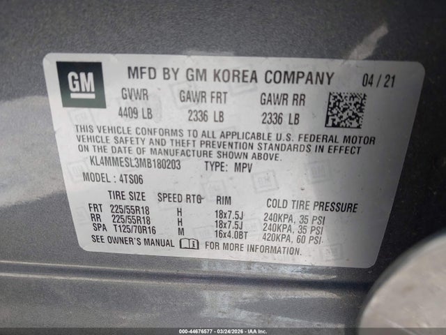 44676577 :رقم المزاد ، KL4MMESL3MB180203 vin ، 2021 Buick Encore Gx Awd Select مزاد بيع