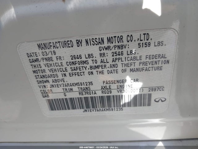 Auction sale of the 2019 Infiniti Q50 3.0t Luxe, vin: JN1EV7AR4KM591235, lot number: 44676601