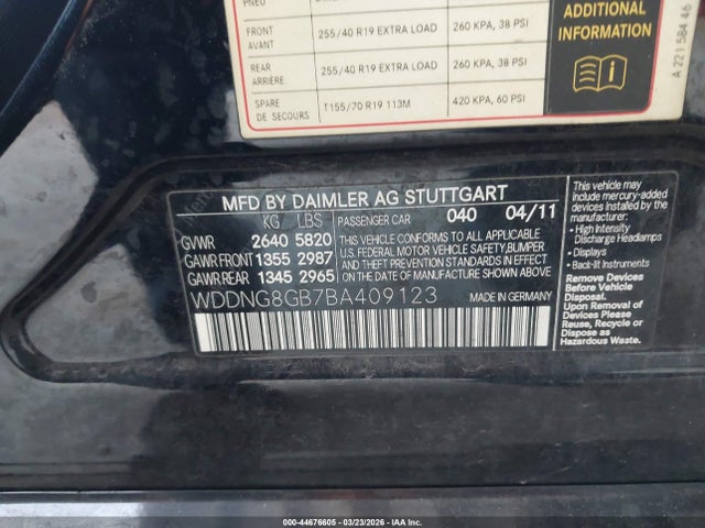 44676605 :رقم المزاد ، WDDNG8GB7BA409123 vin ، 2011 Mercedes-benz S 550 4matic مزاد بيع