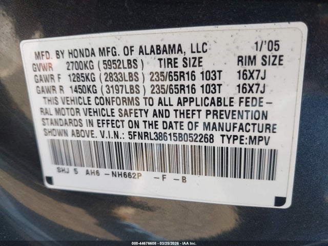 44676608 :رقم المزاد ، 5FNRL38615B052268 vin ، 2005 Honda Odyssey Ex-l مزاد بيع