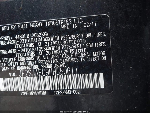 Aukcja sprzedaży 2017 Subaru Forester 2.5i Premium, vin: JF2SJAEC9HH550617, numer aukcji: 44676609