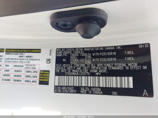 44676622 :رقم المزاد ، 2T2HZMDAXLC255778 vin ، 2020 Lexus Rx 350 مزاد بيع