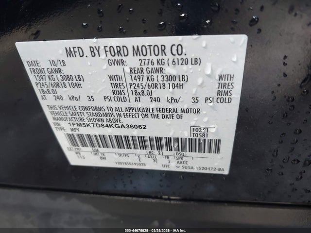 2019 Ford Explorer Xlt მანქანა იყიდება აუქციონზე, vin: 1FM5K7D84KGA36062, აუქციონის ნომერი: 44676625