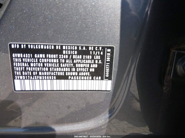 44676627 :رقم المزاد ، 3VWD17AJXFM356926 vin ، 2015 Volkswagen Jetta 1.8t Se مزاد بيع