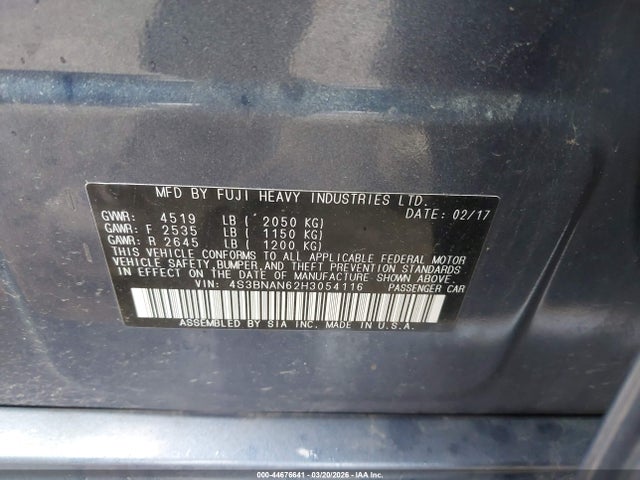 2017 Subaru Legacy 2.5i Limited მანქანა იყიდება აუქციონზე, vin: 4S3BNAN62H3054116, აუქციონის ნომერი: 44676641