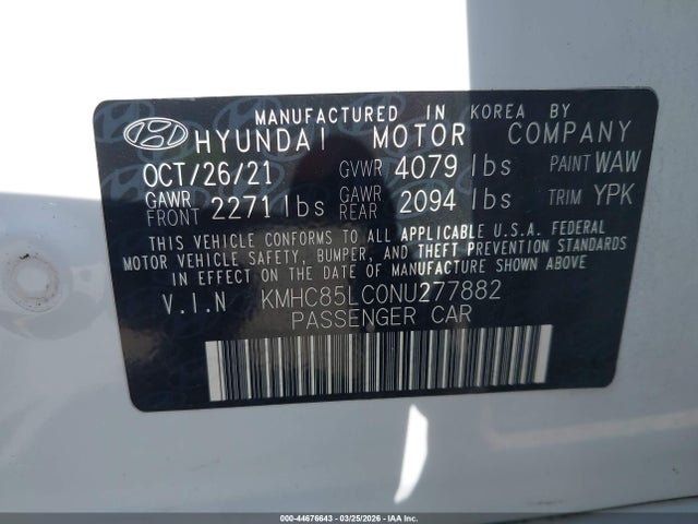 44676643 :رقم المزاد ، KMHC85LC0NU277882 vin ، 2022 Hyundai Ioniq Hybrid Sel مزاد بيع