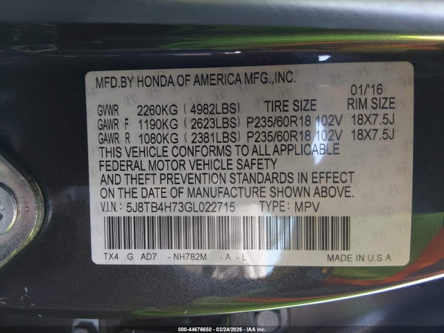 Aukcja sprzedaży 2016 Acura Rdx Advance Package, vin: 5J8TB4H73GL022715, numer aukcji: 44676650