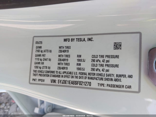 2025 Tesla Model 3 მანქანა იყიდება აუქციონზე, vin: 5YJ3E1EA8SF021270, აუქციონის ნომერი: 44676658