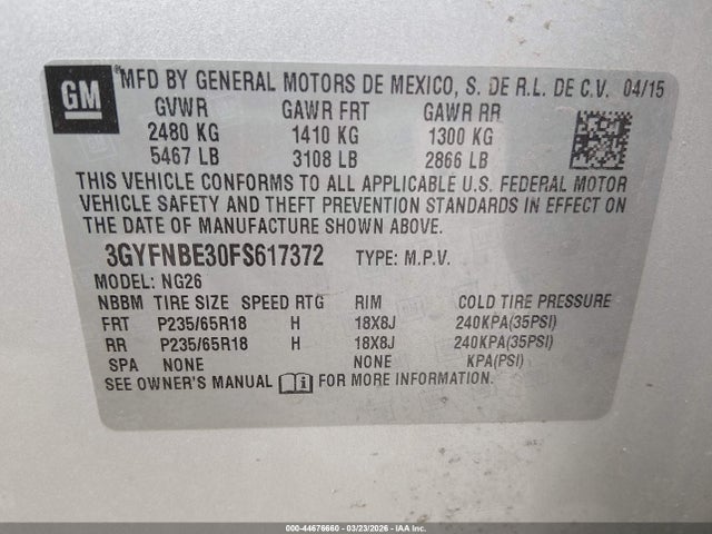 3GYFNBE30FS617372 Cadillac Srx Luxury Collection