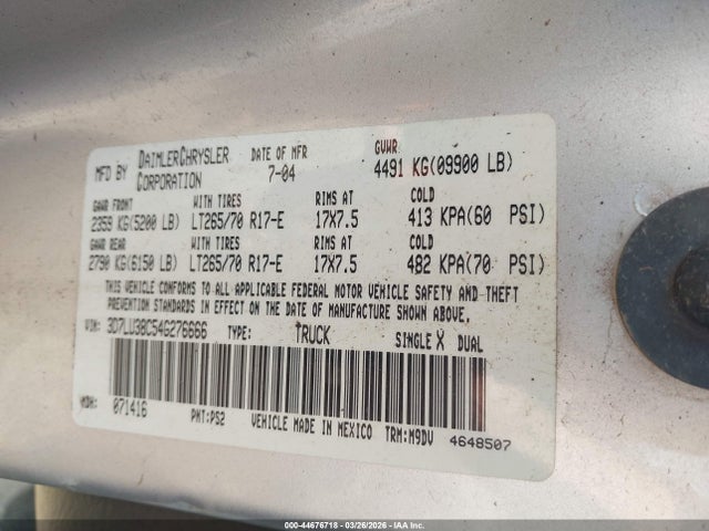 44676718 :رقم المزاد ، 3D7LU38C54G276666 vin ، 2004 Dodge Ram 3500 Slt/laramie مزاد بيع