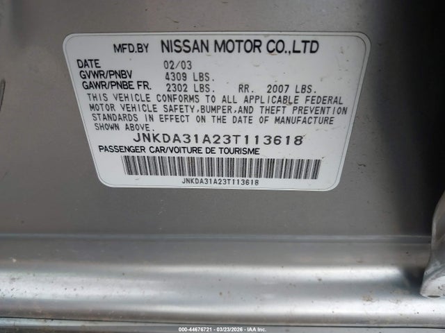 Продаж на аукціоні авто 2003 Infiniti I35 Luxury, vin: JNKDA31A23T113618, номер лоту: 44676721