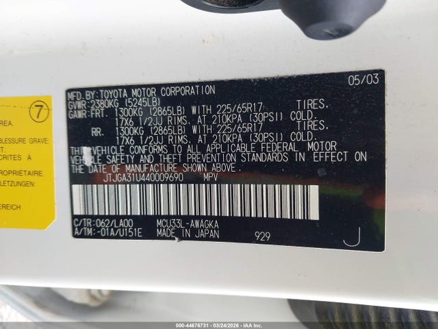 44676731 :رقم المزاد ، JTJGA31U440009690 vin ، 2004 Lexus Rx 330 مزاد بيع