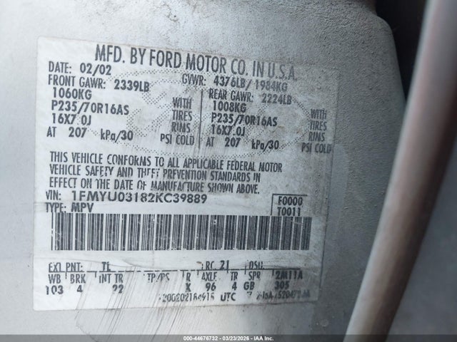 2002 FORD ESCAPE 1FMYU03182KC39889 Photo 8
