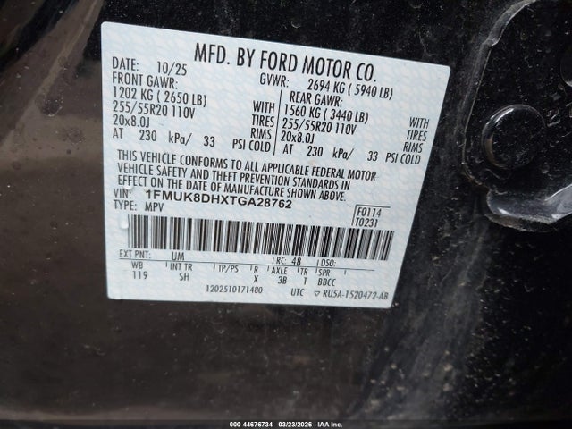 Продаж на аукціоні авто 2026 Ford Explorer Active W/200a Pkg, vin: 1FMUK8DHXTGA28762, номер лоту: 44676734