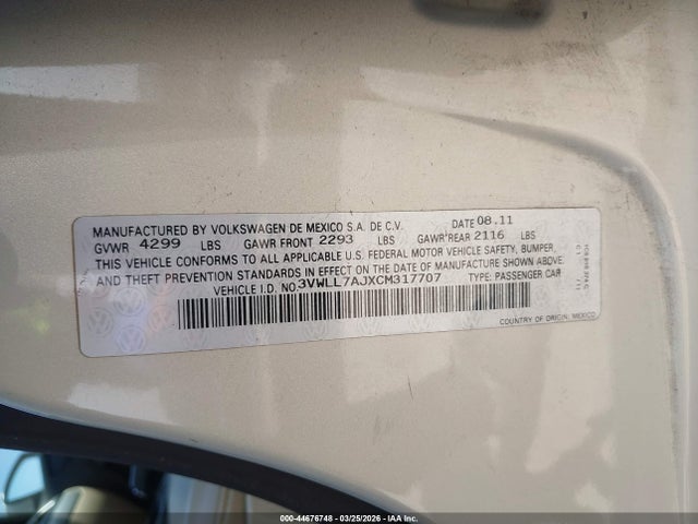 Продаж на аукціоні авто 2012 Volkswagen Jetta 2.0l Tdi, vin: 3VWLL7AJXCM317707, номер лоту: 44676748