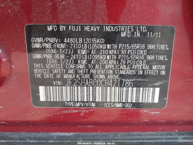 Aukcja sprzedaży 2012 Subaru Forester 2.5x, vin: JF2SHABC0CH421786, numer aukcji: 44676751