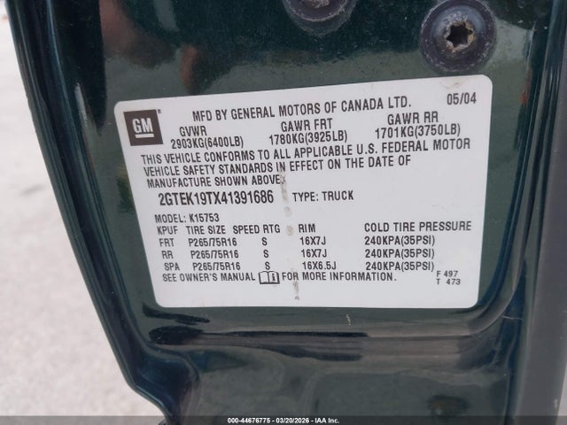 44676775 :رقم المزاد ، 2GTEK19TX41391686 vin ، 2004 Gmc Sierra 1500 Sle مزاد بيع