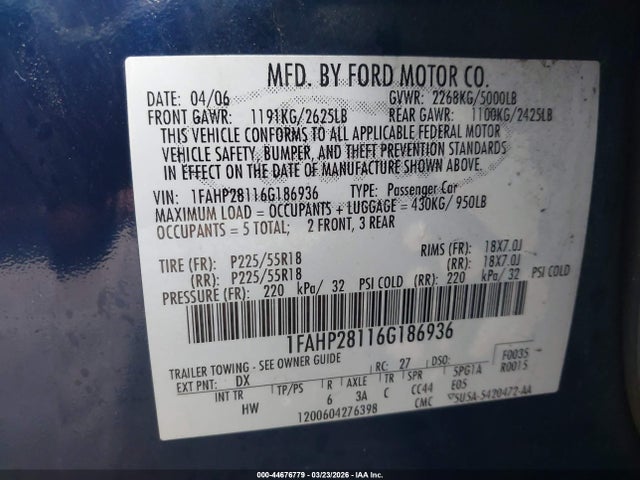 2006 FORD FIVE HUNDRED 1FAHP28116G186936 Photo 8