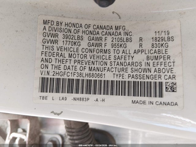2020 Honda Civic Ex მანქანა იყიდება აუქციონზე, vin: 2HGFC1F38LH680661, აუქციონის ნომერი: 44676781