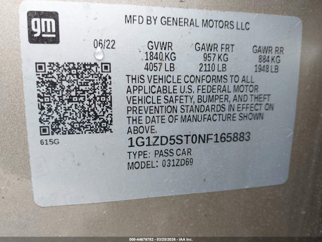44676782 :رقم المزاد ، 1G1ZD5ST0NF165883 vin ، 2022 Chevrolet Malibu Fwd Lt مزاد بيع