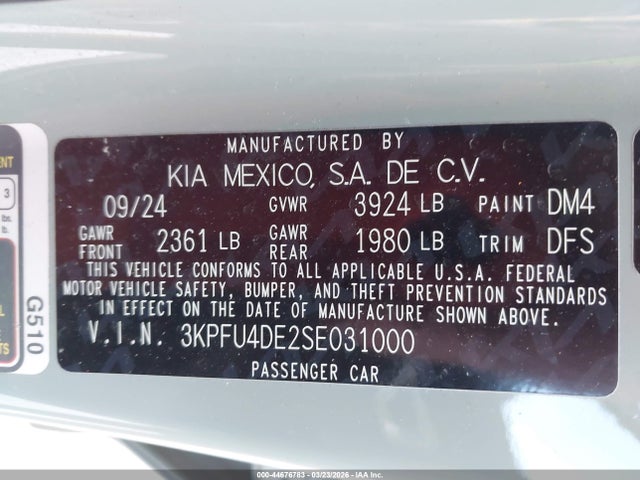 Aukcja sprzedaży 2025 Kia K4 Ex, vin: 3KPFU4DE2SE031000, numer aukcji: 44676783