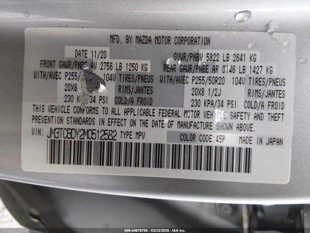 2021 Mazda Cx-9 Grand Touring მანქანა იყიდება აუქციონზე, vin: JM3TCBDY2M0512582, აუქციონის ნომერი: 44676788
