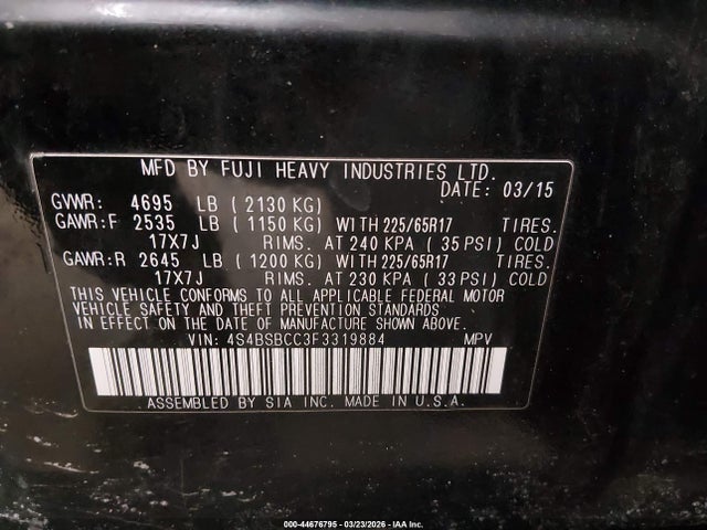 44676795 :رقم المزاد ، 4S4BSBCC3F3319884 vin ، 2015 Subaru Outback 2.5i Premium مزاد بيع