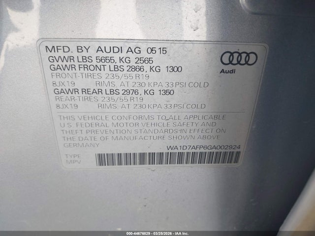 2016 Audi Q5 3.0t Premium Plus მანქანა იყიდება აუქციონზე, vin: WA1D7AFP6GA002924, აუქციონის ნომერი: 44676829