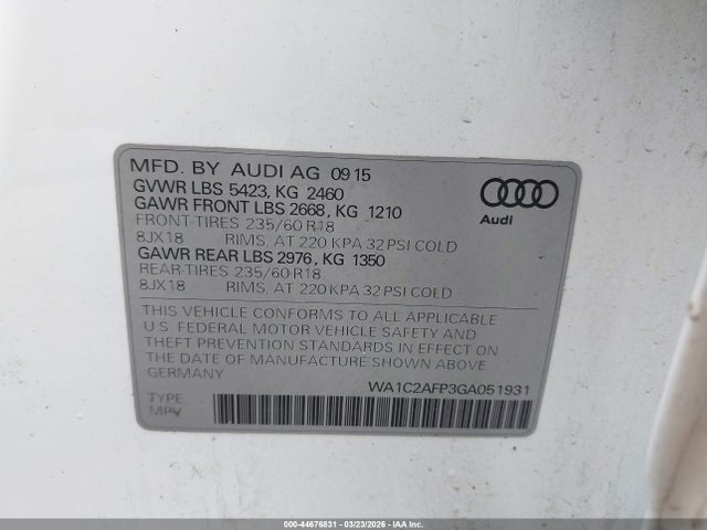 44676831 :رقم المزاد ، WA1C2AFP3GA051931 vin ، 2016 Audi Q5 2.0t Premium مزاد بيع