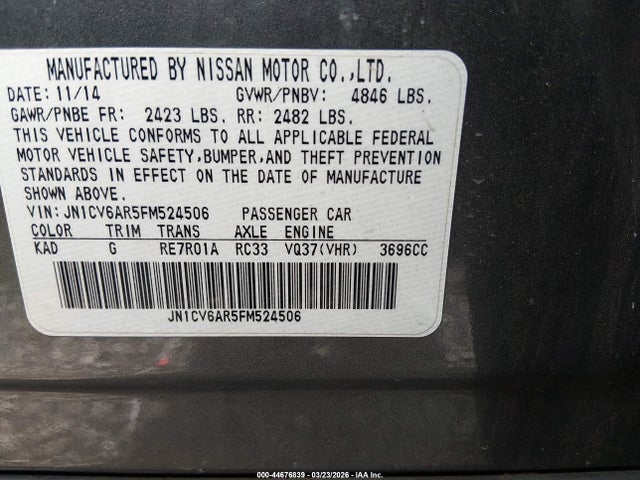 44676839 :رقم المزاد ، JN1CV6AR5FM524506 vin ، 2015 Infiniti Q40 مزاد بيع