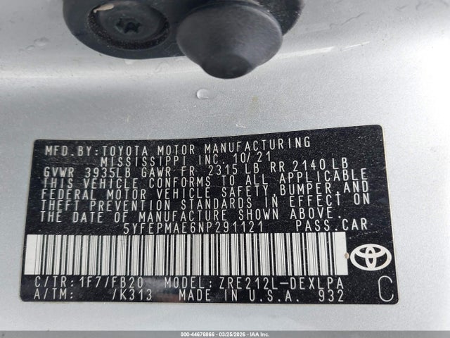 Продаж на аукціоні авто 2022 Toyota Corolla Le, vin: 5YFEPMAE6NP291121, номер лоту: 44676866