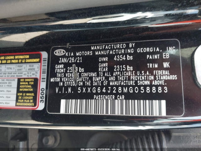 Aukcja sprzedaży 2021 Kia K5 Gt-line, vin: 5XXG64J28MG058883, numer aukcji: 44676873