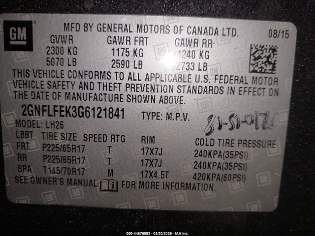 Aukcja sprzedaży 2016 Chevrolet Equinox Lt, vin: 2GNFLFEK3G6121841, numer aukcji: 44676883